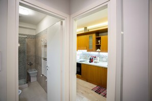 Shower, hair dryer, bidet, towels