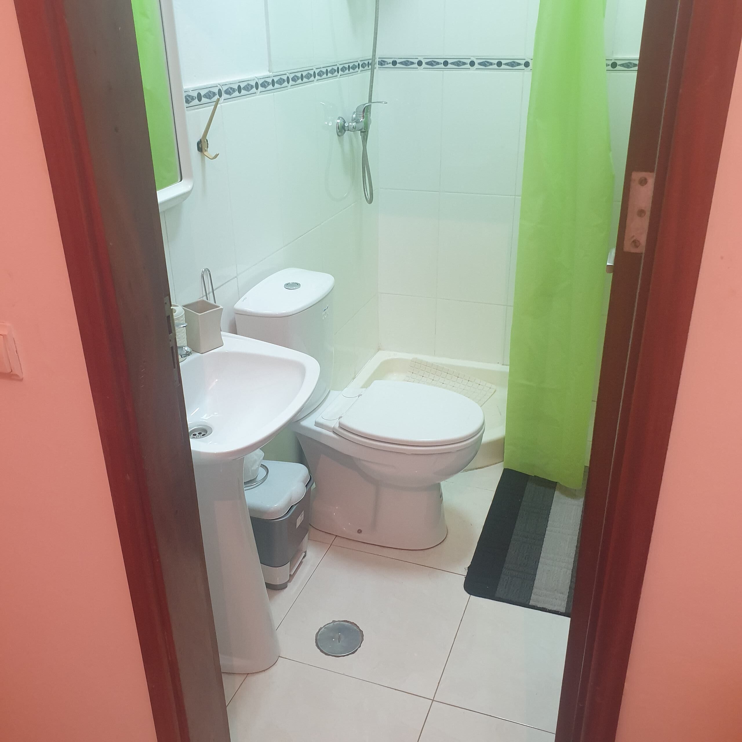 Combined shower/tub, towels, soap, toilet paper