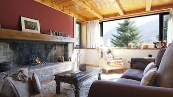 Télévision, cheminée, livres, chaßne hi-fi