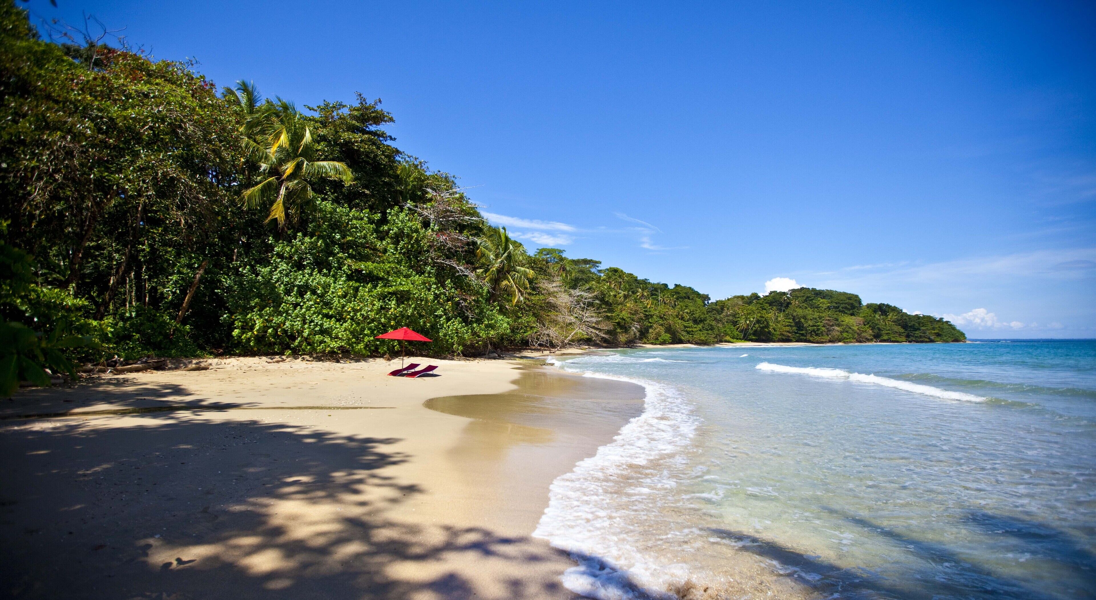 On the beach, sun-loungers
