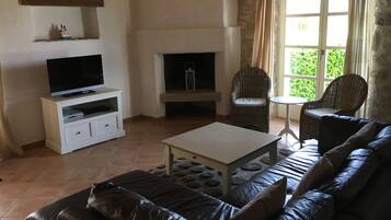 Televisión, chimenea, reproductor de DVD y tenis de mesa
