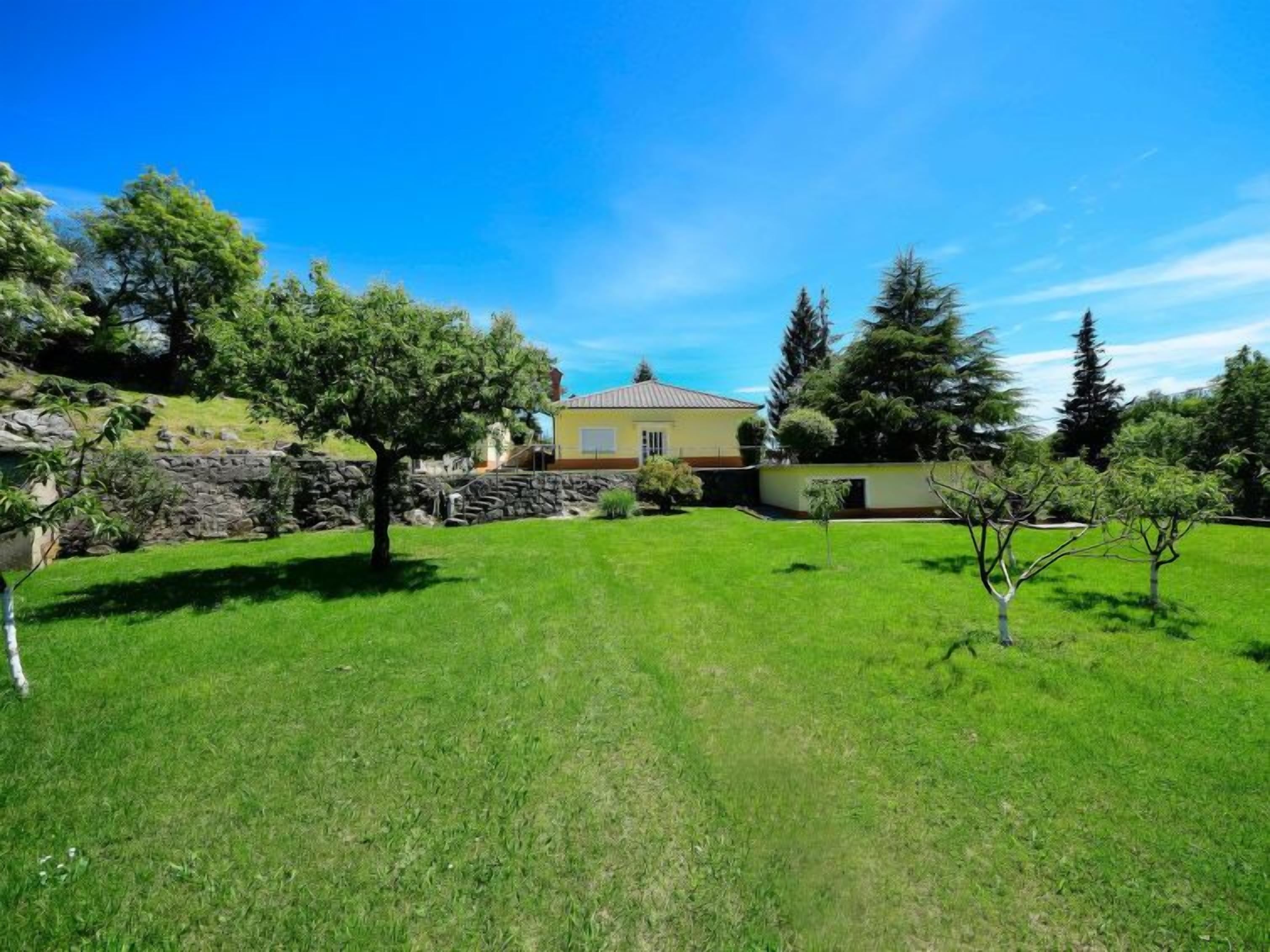 A house with a stone wall, a well-maintained lawn, and trees.