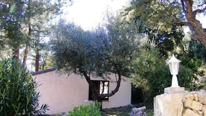 Un mur de pierre avec un arbre devant un bâtiment.