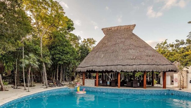 Une piscine dotée d’une structure surmontée d’un toit de chaume, entourée de palmiers et de chaises longues.