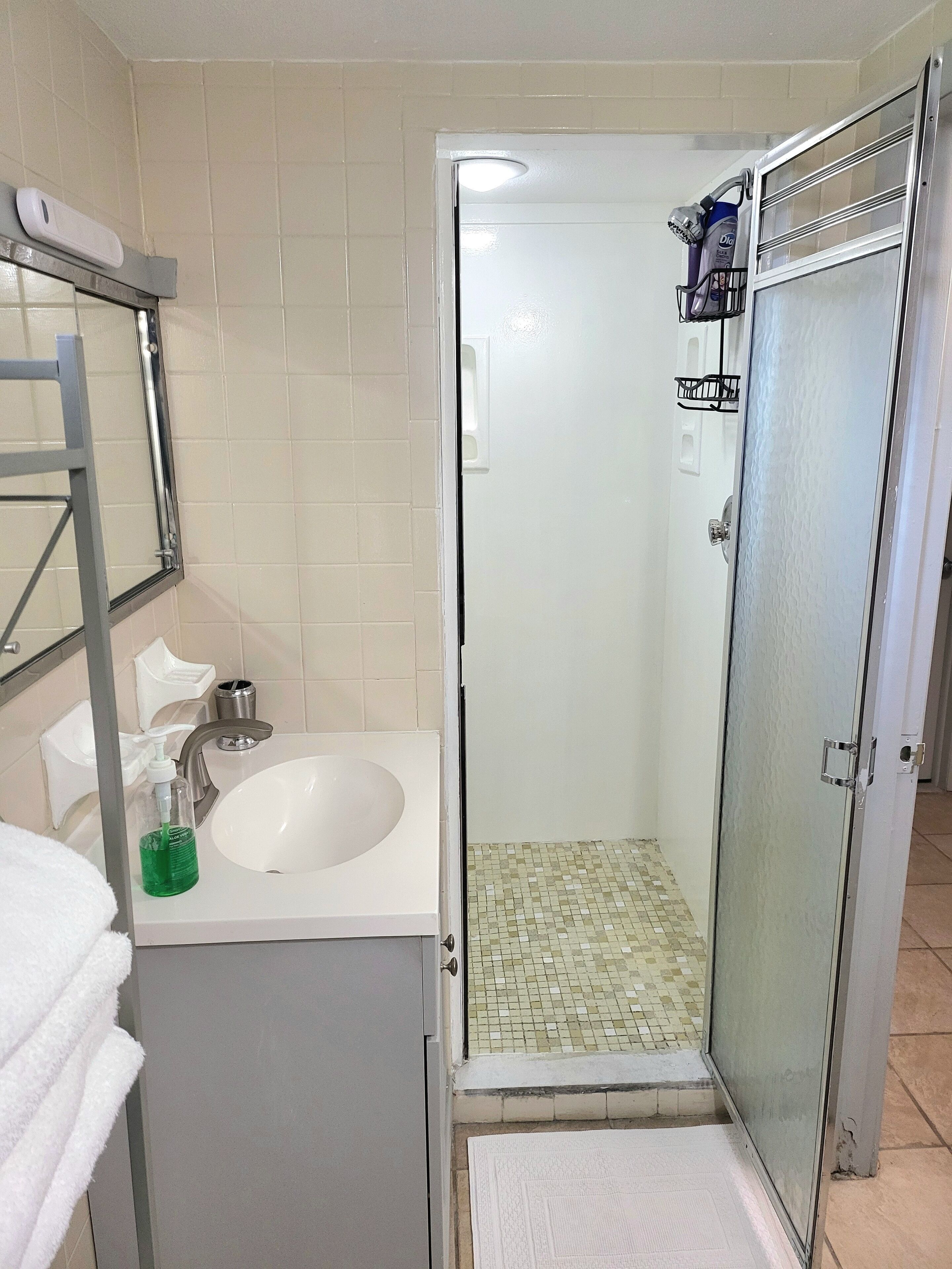 Een badkamer met een witte wasbak, een spiegel, een handdoekhouder en een douchehoek.