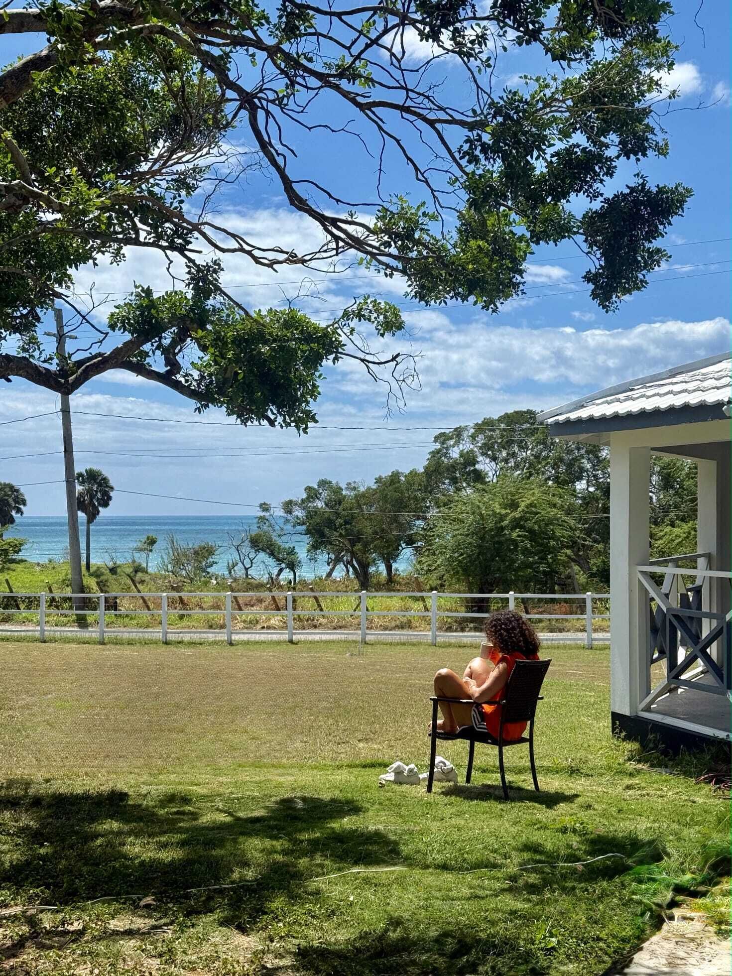 A person sitting on a chair under a tree, overlooking a grassy area with a view of the sea.