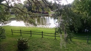 Un parc avec un étang, une clôture en bois et des arbres.