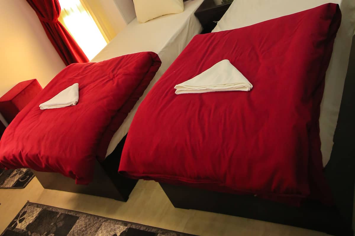 A hotel room with two beds, red bedding, a white air conditioner, and a framed picture on the wall.