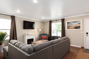 Smart TV, chimenea, reproductor de DVD y libros