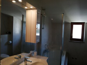 Combined shower/tub, hair dryer, bidet, towels
