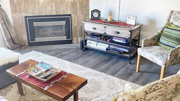 TV, fireplace, books