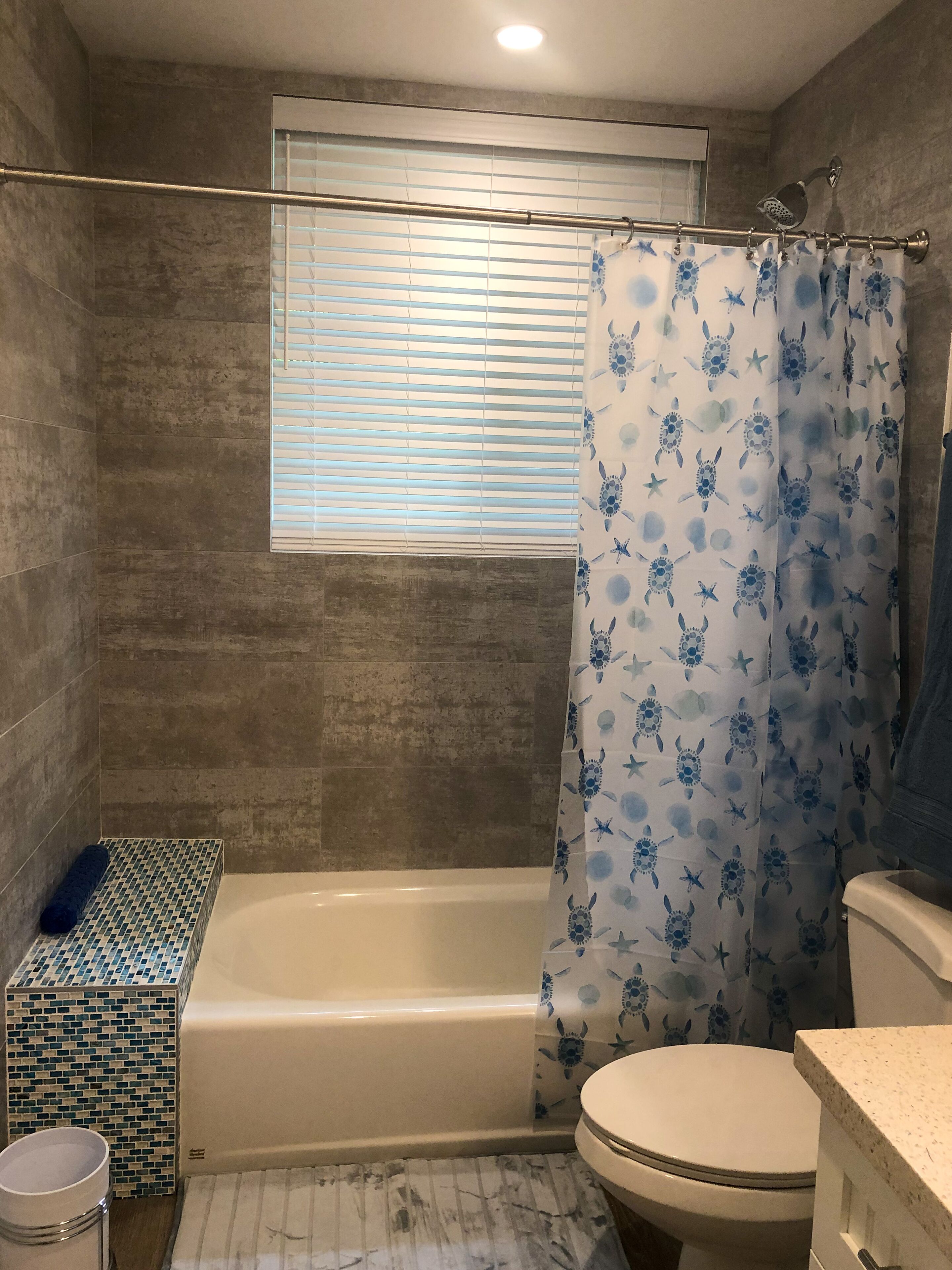 Combined shower/tub, hair dryer, towels, soap