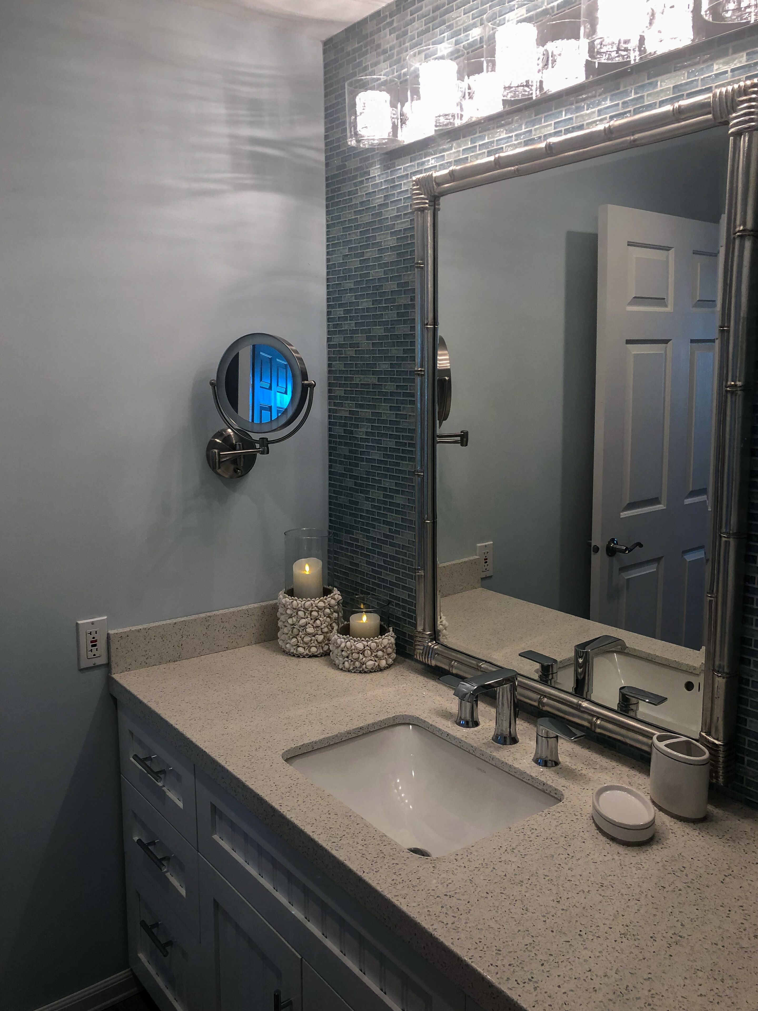 Combined shower/tub, hair dryer, towels, soap