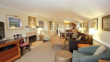 TV connectée, cheminée, lecteur de DVD, livres