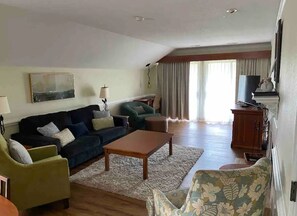 Smart TV, fireplace, DVD player, books