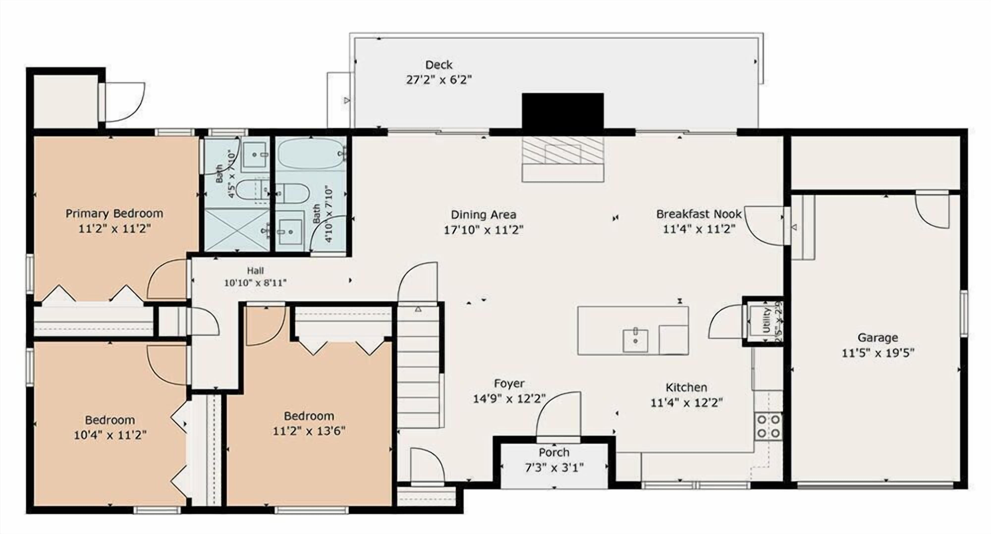 A floor plan with a primary bedroom, two bedrooms, a dining area, a breakfast nook, a foyer, a kitchen, a garage, a porch, and a deck.