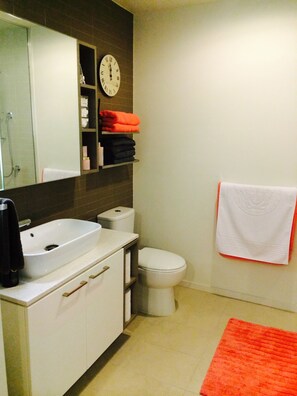 Ducha, bañera de hidromasaje, secador de pelo y toallas