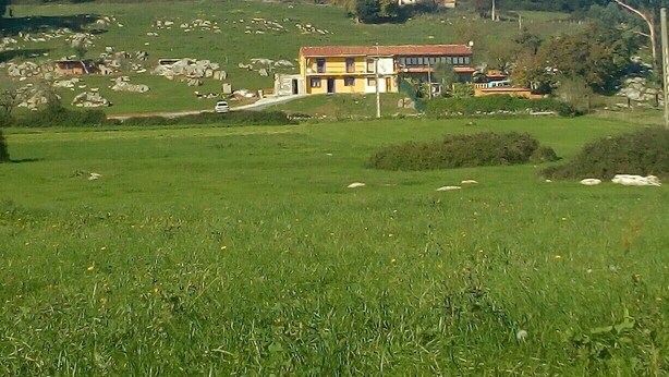 Uma casa de campo com fachada amarela, rodeada por um campo verde e uma colina arborizada ao fundo.