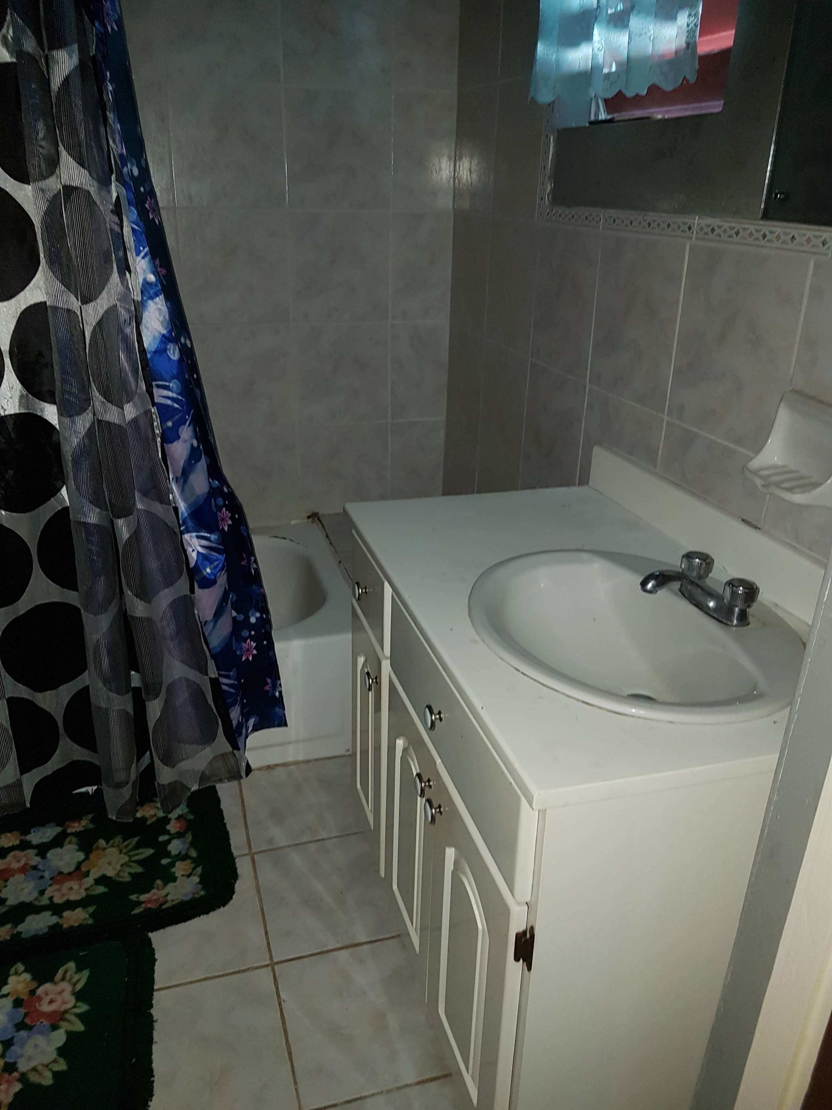 A bathroom with a white sink, a mirror above it, and a shower curtain with a floral pattern.