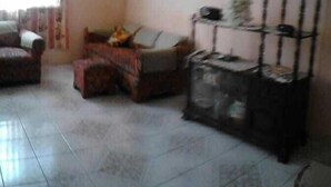 A living room with a sofa, a coffee table, and a shelving unit. - Laura's Place (Port Antonio)