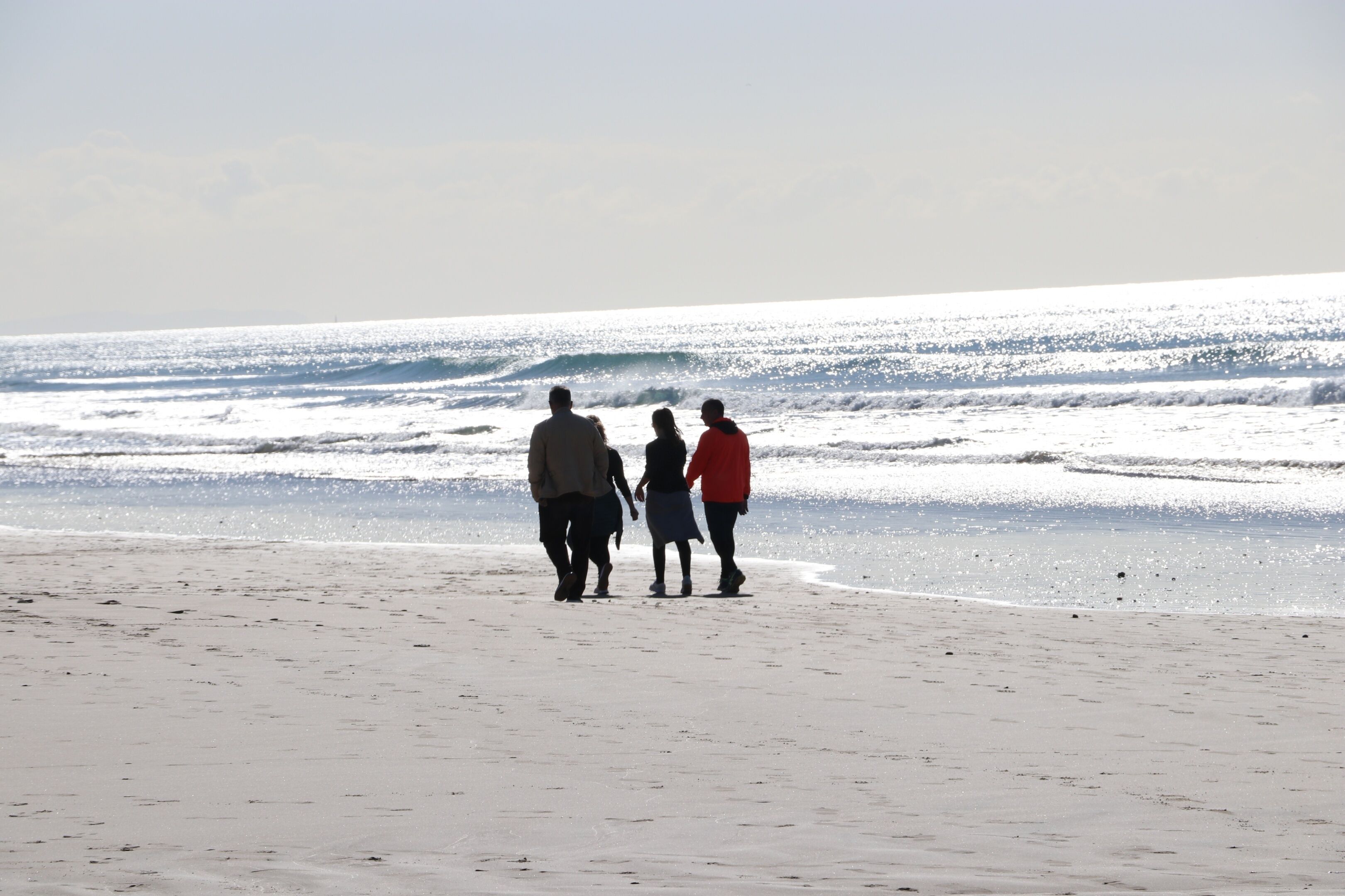 Une plage d’où l’on a une vue dégagée sur l’océan et les vagues.