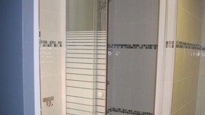 A glass-enclosed shower stall with a handheld showerhead, a toilet, and a sink with a mirror.