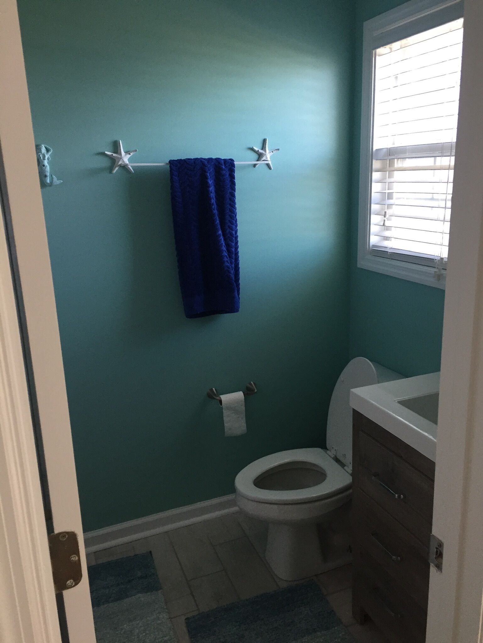 Une salle de bain aux murs de couleur turquoise, avec des toilettes blanches, une serviette bleue suspendue à un porte-serviettes et une fenêtre équipée de stores.