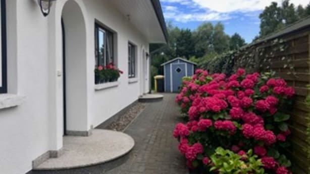 Un edificio blanco con un cobertizo pequeño, un sendero pavimentado y un arbusto de flores rosas.