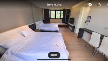 Desk, laptop workspace, blackout drapes, soundproofing