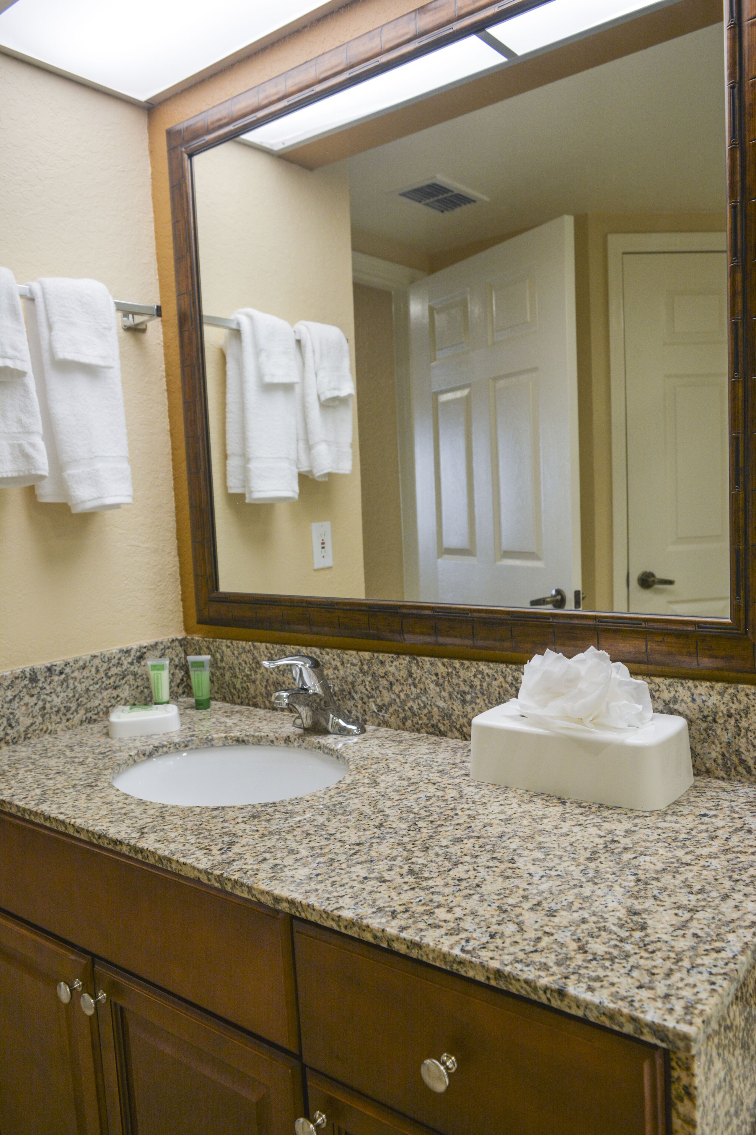 A bathroom with a granite countertop, a sink, a mirror, and a door in the background.