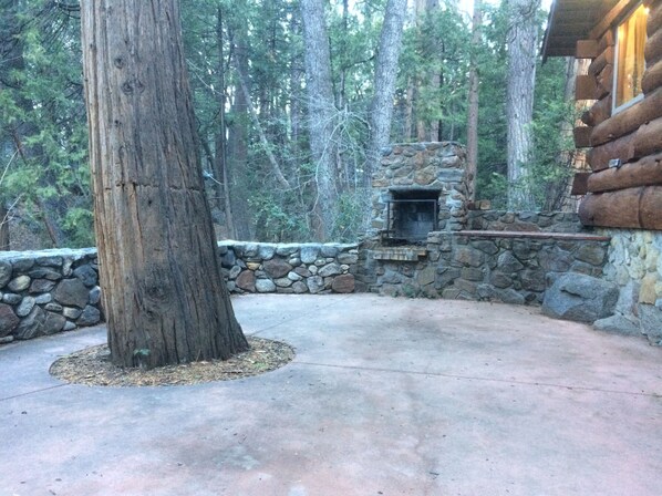 Una chimenea de piedra con una pared de piedra y un gran árbol en un área boscosa.