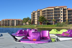 Guests can enjoy waterfront views and access to a dock with pedal boats.