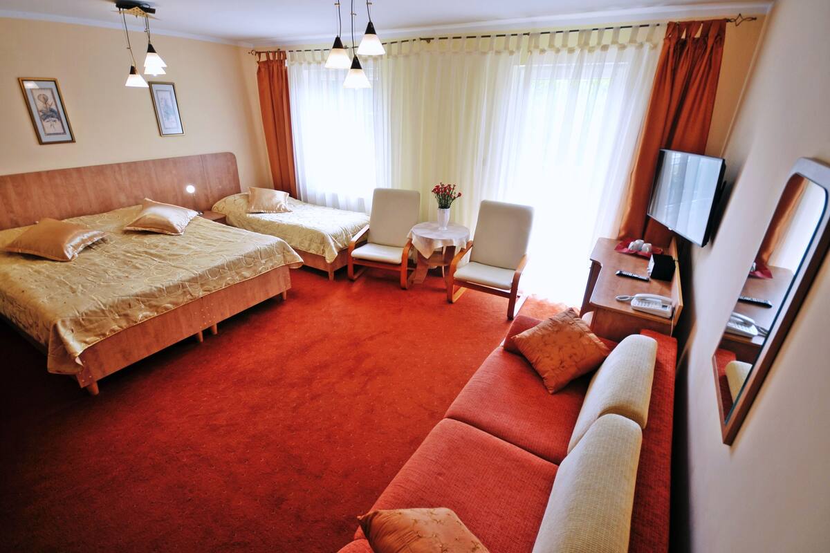 Habitación de hotel con dos camas, un sofá, una mesita con un jarrón y un televisor.