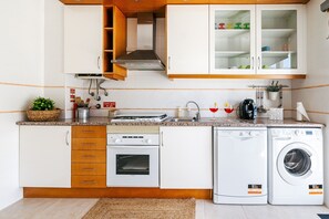 A compact kitchen with a stove, sink, and washing machine, wooden cabinets, and a small plant. - Baleal Beachfront Apartment (Ferrel)