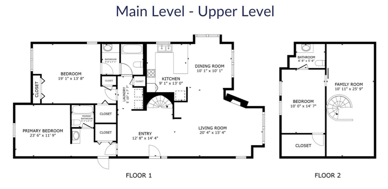 A floor plan of a two-story apartment with a main level and an upper level. The main level includes a primary bedroom, a living room, a dining room, a kitchen, a bathroom, and a closet. The upper level features a family room, a bedroom, a bathroom, and a closet.