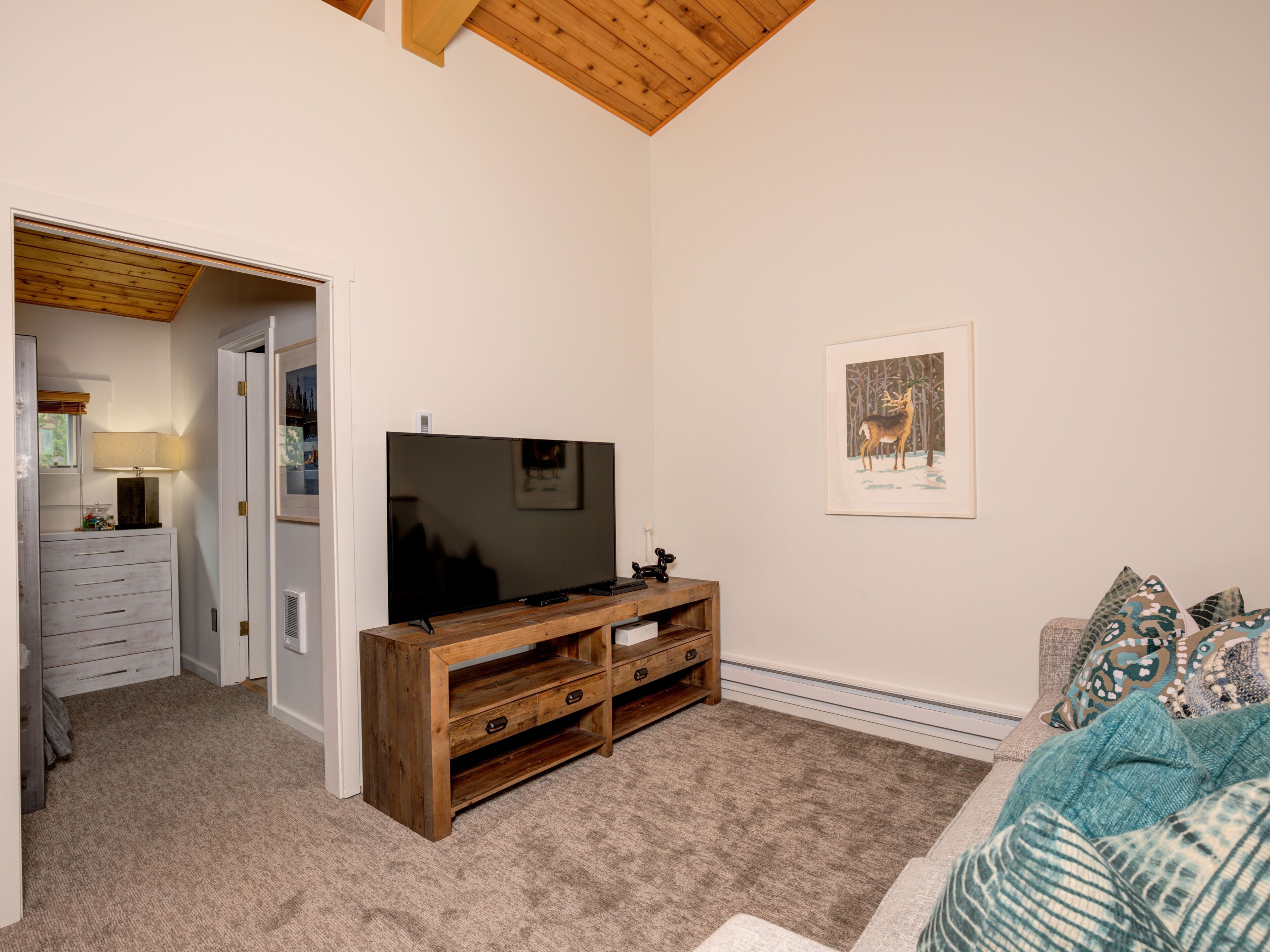A living room with a TV on a wooden stand, a framed picture on the wall, and a sofa with patterned cushions.