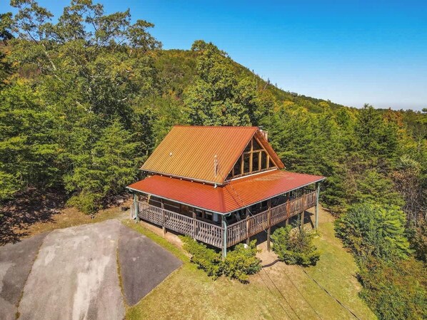 A wooden cabin with a red roof, surrounded by dense forest and a hill in the background.