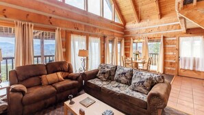 A spacious living room with a wooden ceiling, large windows, and a cozy seating area with two sofas and a coffee table. - Super View,Smoky Mtn Log Cabin,Pool Table,Hot Tub (Sevierville)