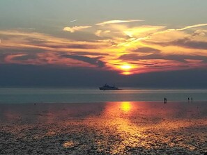 Tramonto sul mare calmo, con una nave all'orizzonte e una spiaggia in primo piano.