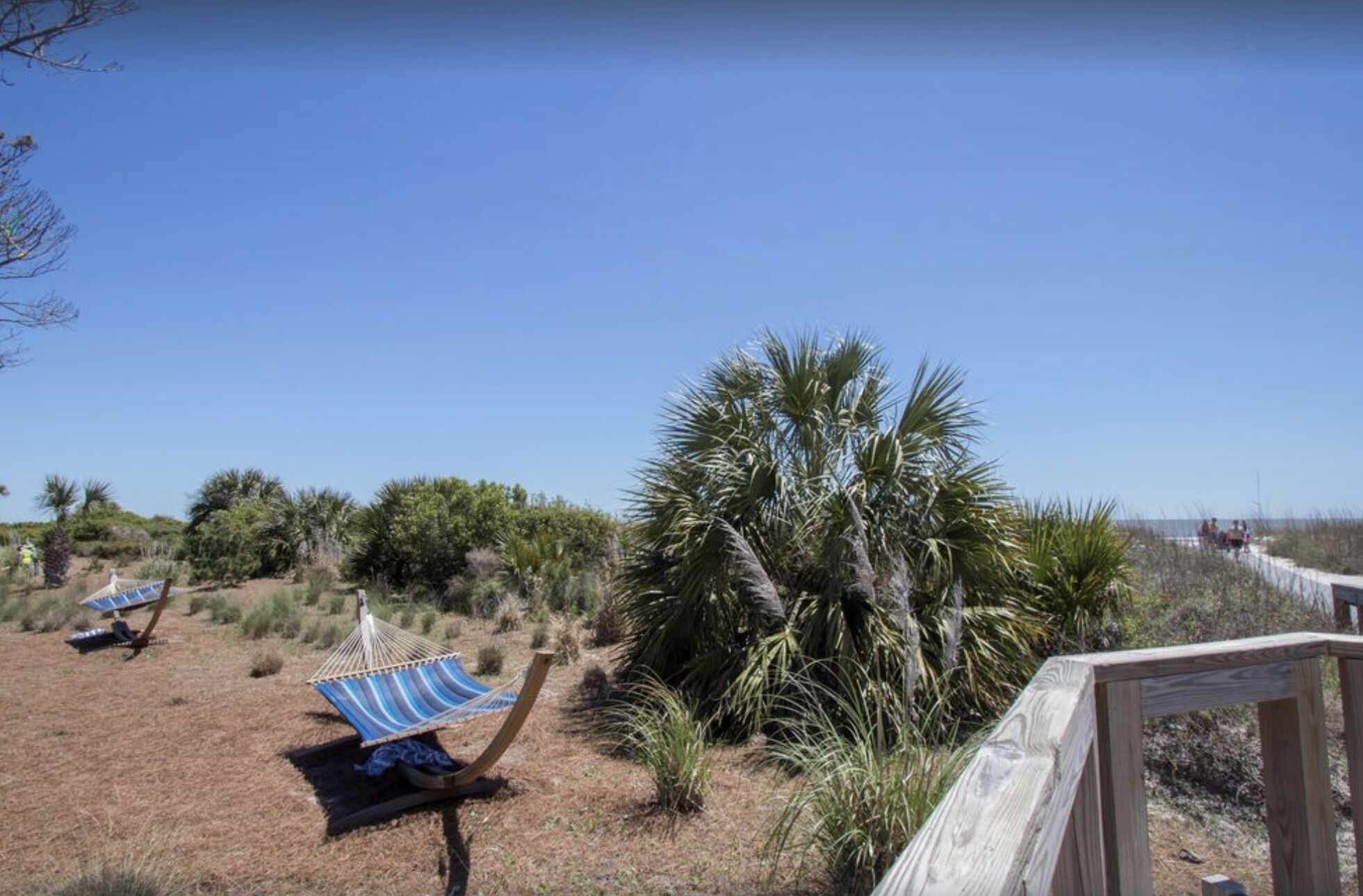 A beach area with a hammock chair and a wooden deck.