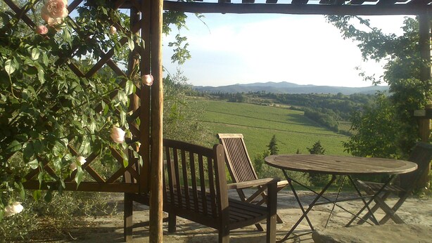 A wooden bench and table under a pergola with climbing roses, overlooking a green field and distant hills. - Spacious home on beautiful Tuscan vineyard.  Near Florence. (Pelago)