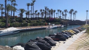A marina with several boats docked, a row of covered boats on the shore, and palm trees lining the area.