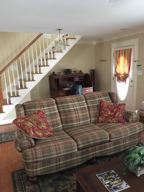 Smart TV, fireplace, books, stereo