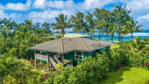 Een huis met een groen dak, omringd door weelderige begroeiing en palmbomen, met uitzicht op de oceaan.