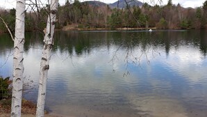 A calm lake with birch trees in the foreground and a mountain range in the background. - 1BR condo near Recreation Center, pool and hot tub (North Woodstock)
