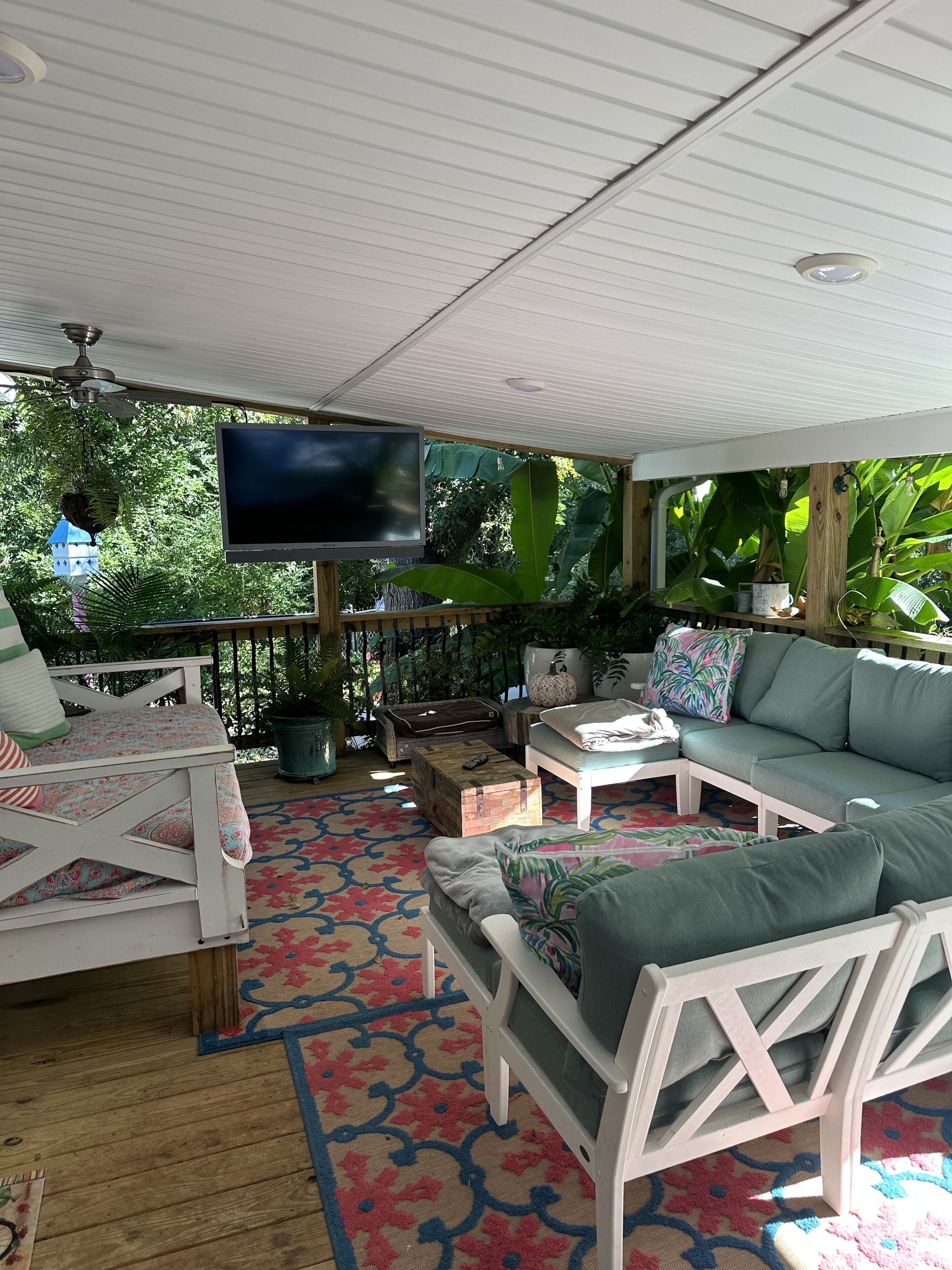 Smart TV, fireplace, books, video library
