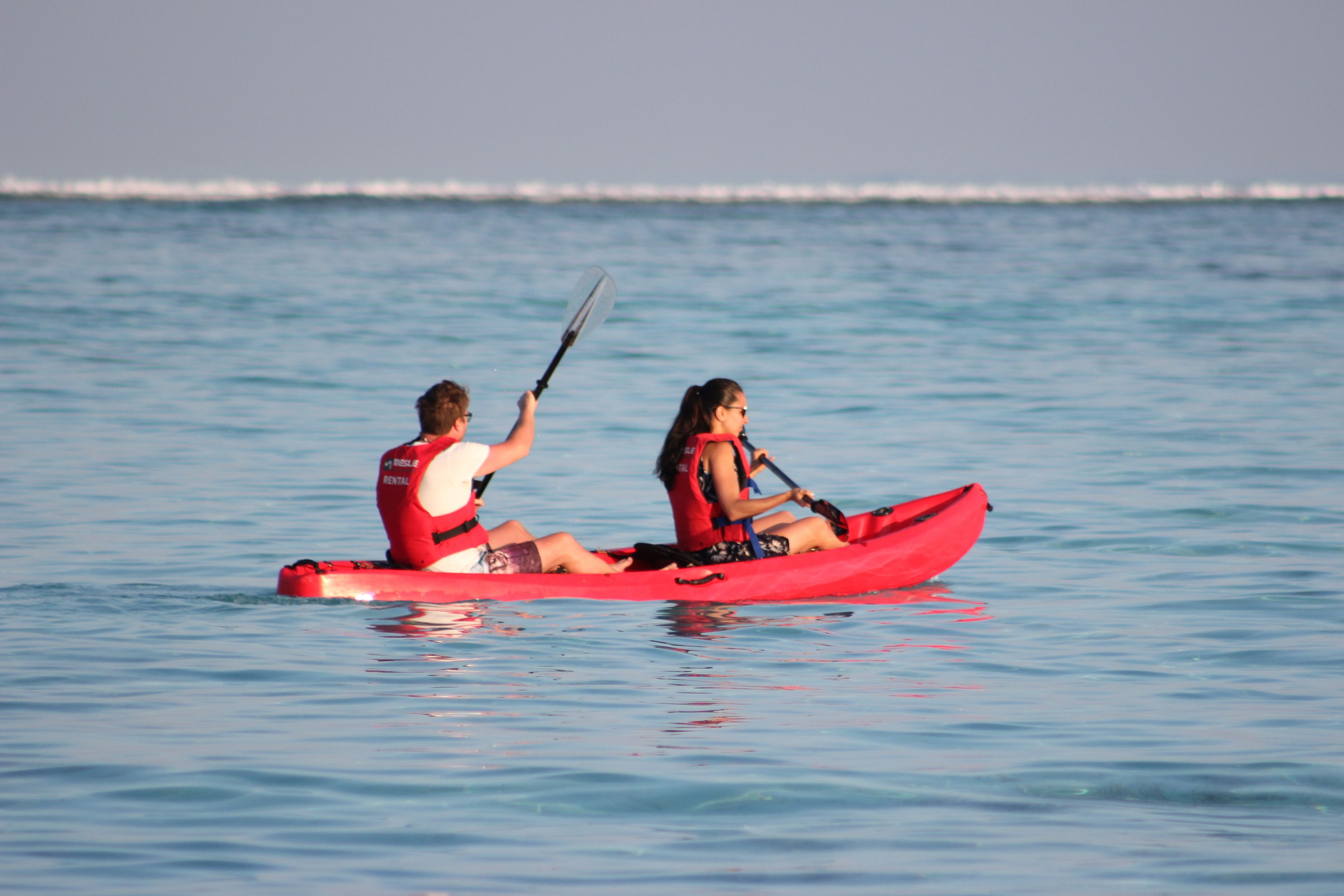 Two people kayaking on a calm sea.