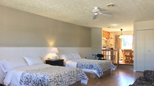 Une chambre d’hôtel avec deux lits, un ventilateur de plafond, un coin repas avec une table et des chaises, et une porte.