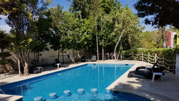 A rectangular swimming pool with a tiled edge, surrounded by trees and a white fence.