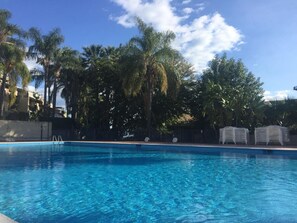 Seasonal outdoor pool, pool umbrellas, pool loungers